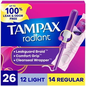 Tampax Radiant Tampons Multipack, with LeakGuard Braid, Light/Regular, 26 Count