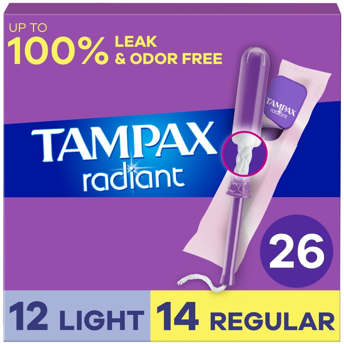 Tampax Radiant Tampons Duo Pack with Leak Guard Braid, Light/Regular Absorbency, 26 Ct