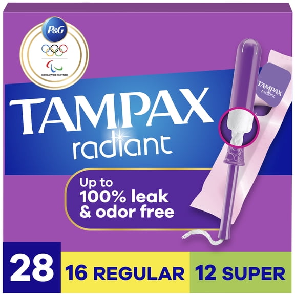 Tampax Radiant Tampons Multipack, with LeakGuard Braid, Regular/Super, 28 Count
