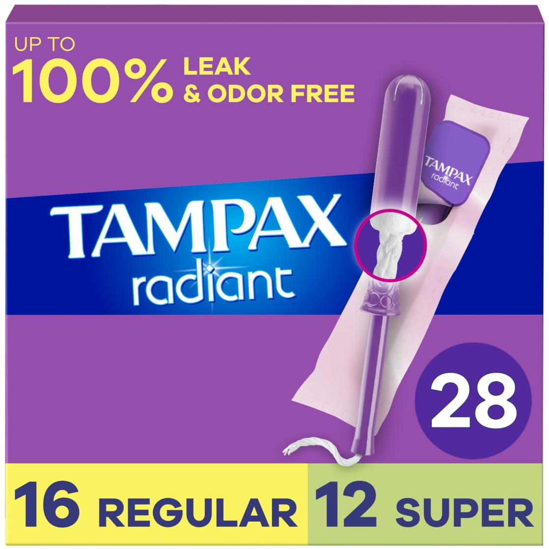 Tampax Radiant Tampons Duo Pack with LeakGuard Braid, Regular/Super Absorbency, 28 Ct