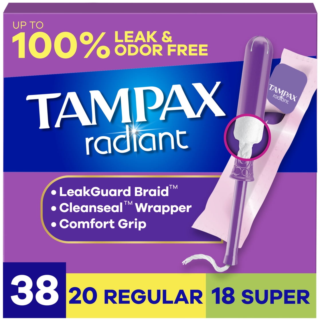 Tampax Radiant Tampons Duo Pack with LeakGuard Braid, Regular/Super Absorbency, 38 Ct