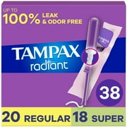 Tampax Radiant Tampons Duo Pack with LeakGuard Braid, Regular/Super Absorbency, 38 Ct