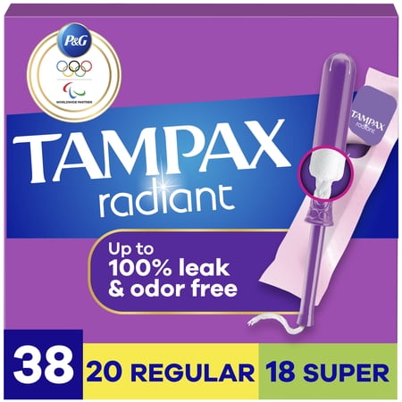 Tampax Radiant Tampons Duo Pack with LeakGuard Braid, Regular/Super Absorbency, 38 Ct