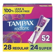 Tampax Radiant Tampons Duo Pack with LeakGuard Braid, Regular/Super Absorbency, 52 Ct