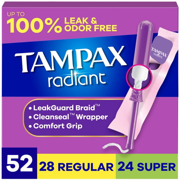 Tampax Radiant Tampons Multipack, with LeakGuard Braid, Regular/Super, 52 Count