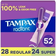 Tampax Radiant Tampons Duo Pack with LeakGuard Braid, Regular/Super Absorbency, 52 Ct