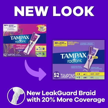 Tampax Radiant Tampons Duo Pack with LeakGuard Braid, Regular/Super Absorbency, 52 Ct