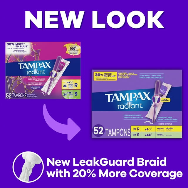 Tampax Radiant Tampons Duo Pack with LeakGuard Braid, Regular/Super Absorbency, 52 Ct
