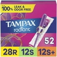 thumbnail image 1 of Tampax Radiant Tampons Multipack with LeakGuard Braid, Regular/Super/Super Plus Absorbency, Unscented, 52 Count (3 Pack), 1 of 2