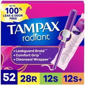 Tampax Radiant Tampons Multipack, with LeakGuard Braid, Regular/Super/Super Plus, 52 Count