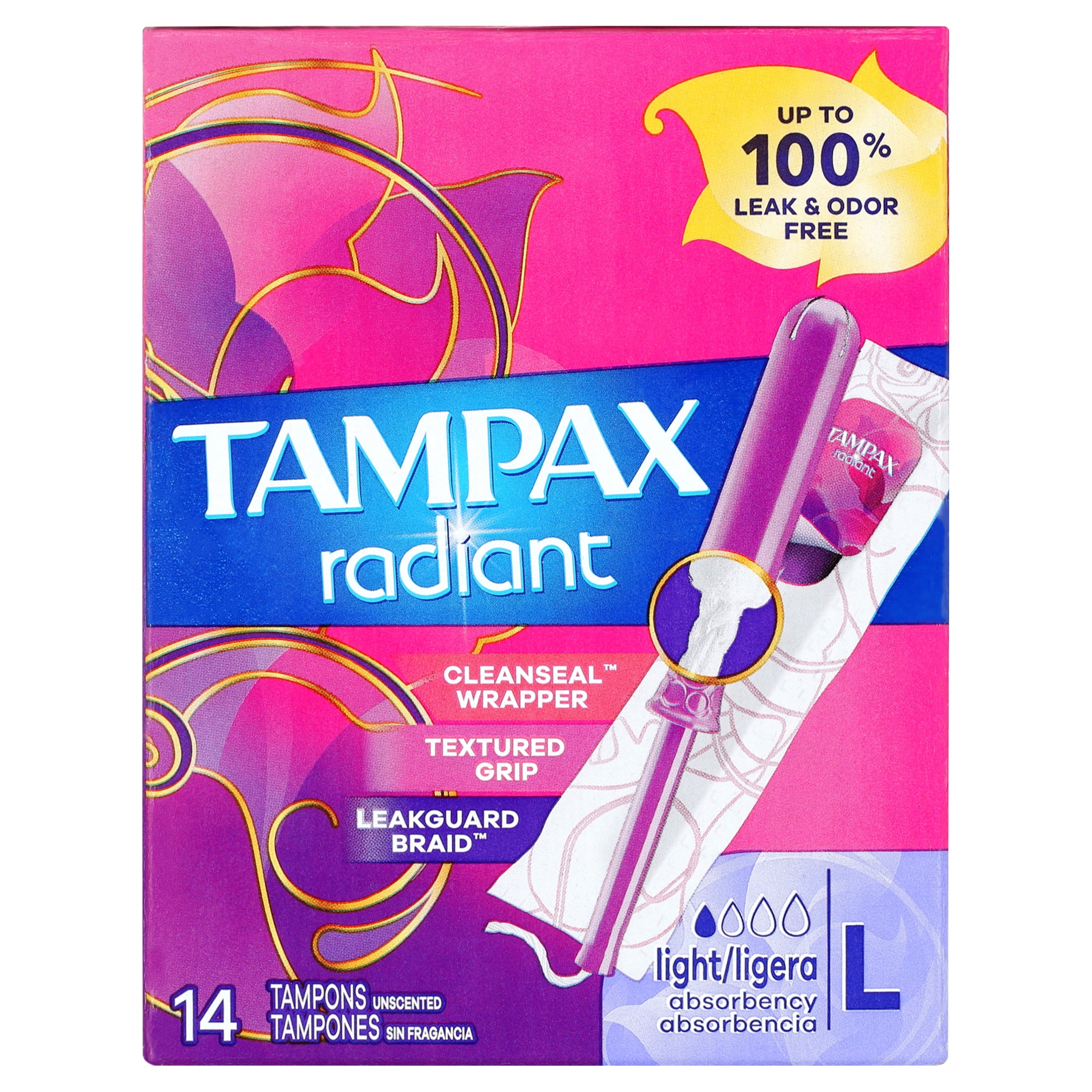 Tampax Radiant Tampons Plastic Applicator Light, Unscented, 14 Ct