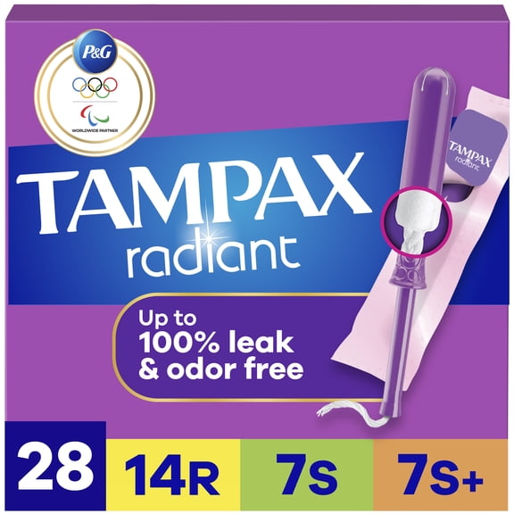 Tampax Radiant Tampons Trio Pack with Regular/Super/Super Plus Absorbency, 28 Count, Unscented