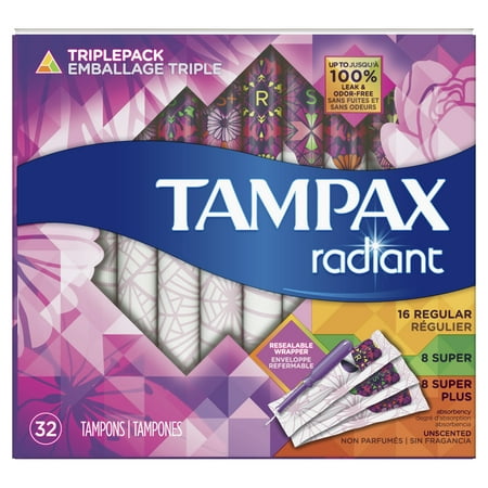 Tampax Radiant Tampons, Triple-Pack, Regular/Super/Super Plus Absorbency, Unscented, 32 Ct