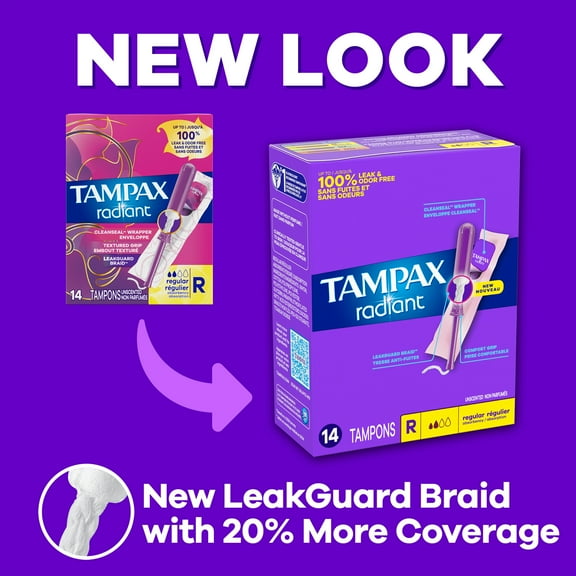 Tampax Radiant Tampons with LeakGuard Braid, Regular Absorbency, 14 Count