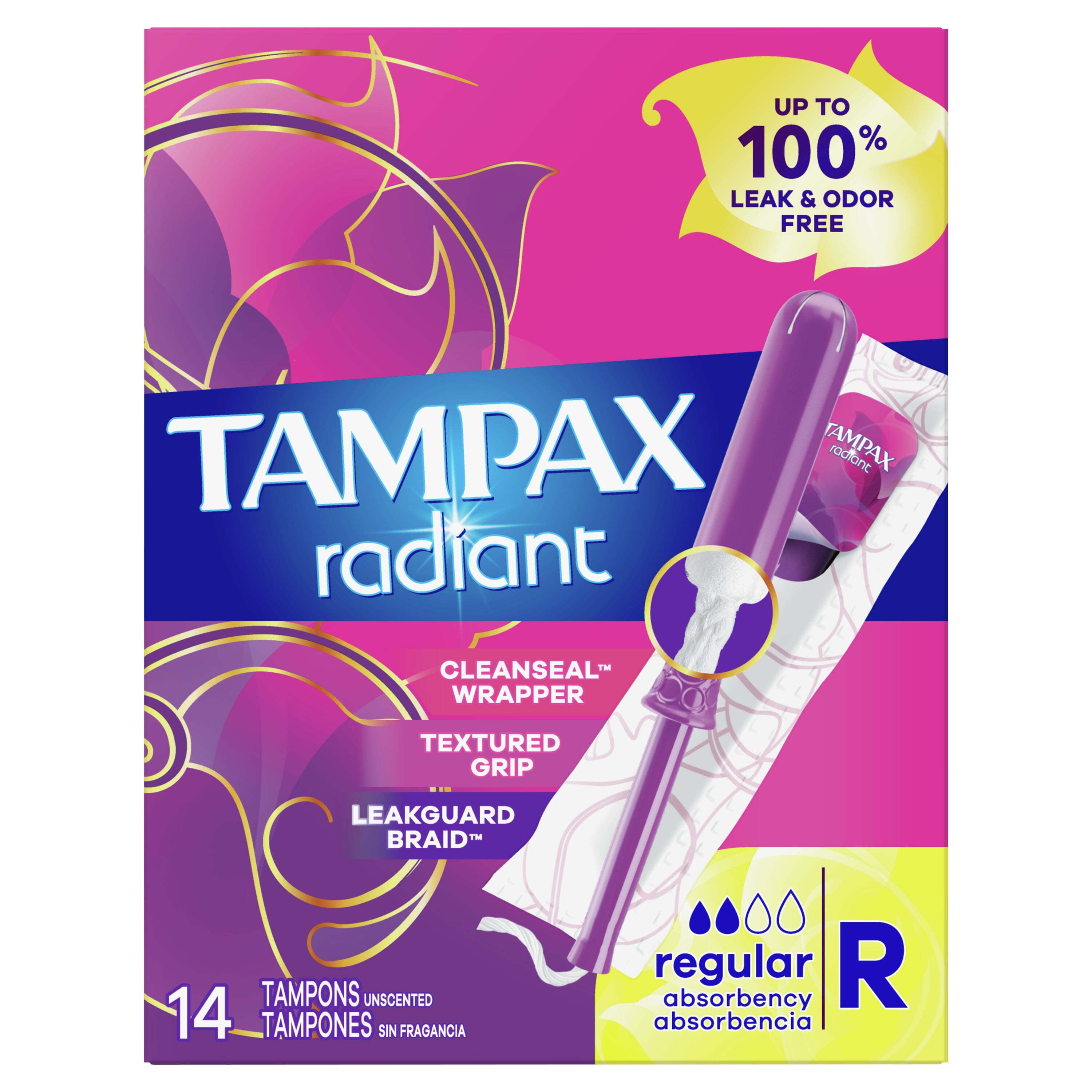 Tampax Radiant Tampons with LeakGuard Braid, Regular Absorbency, 14