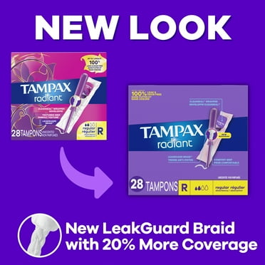 Tampax Radiant Tampons with LeakGuard Braid, Regular Absorbency, Unscented, 28 Count