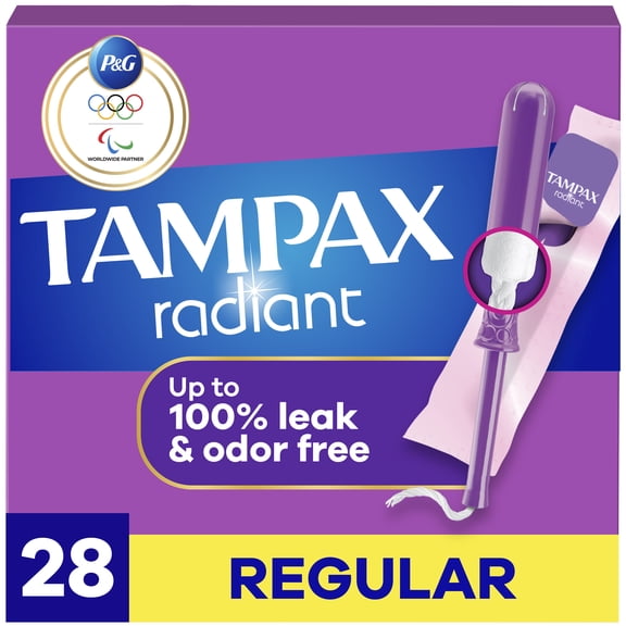 Tampax Radiant Tampons with LeakGuard Braid, Regular Absorbency, Unscented, 28 Count