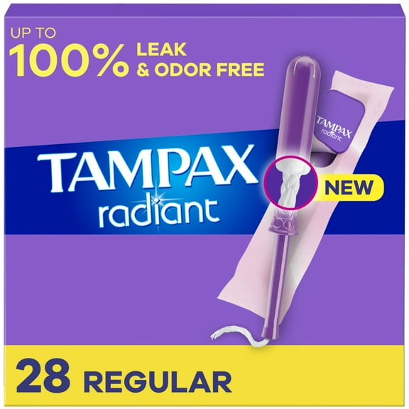 Tampax Radiant Tampons with LeakGuard Braid, Regular Absorbency, Unscented, 28 Count
