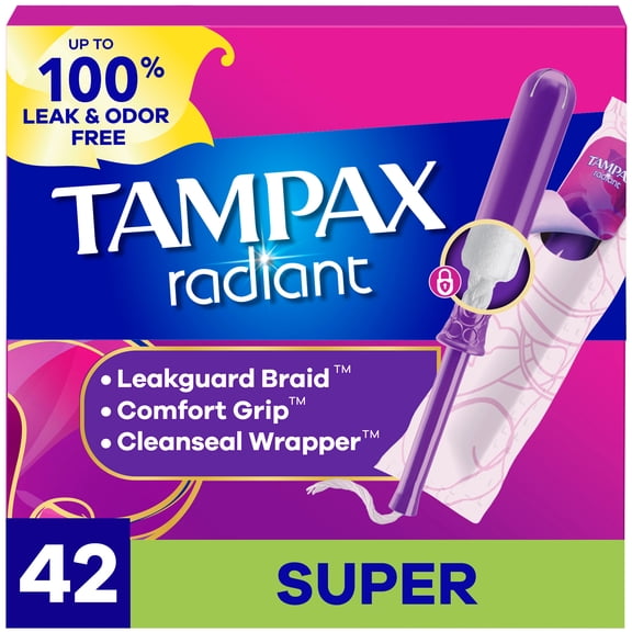 Tampax Radiant Tampons with LeakGuard Braid, Super Absorbency, 42 Count