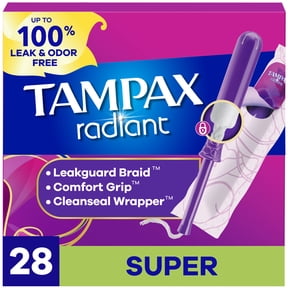 Tampax Radiant Tampons with LeakGuard Braid, Super Absorbency, 28 Count