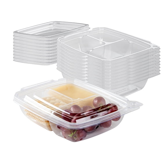 Restaurantware-Tamper Tek 11 Ounce Rectangle Take Out Containers, 100 Durable Carryout Containers - Tamper-Evident, Freezable, Clear Plastic To-Go , 3 Compartments, With Hinged Lids