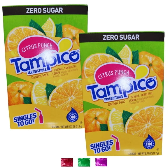 Tampico Citrus Punch Drink Mix Sticks 2 Boxes 12 Servings Total, Zero Sugar Low Calorie Assorted Fruit Flavors Singles for Water Bottles Hydration Beverage w/ Snoep in Beperkte Oplage