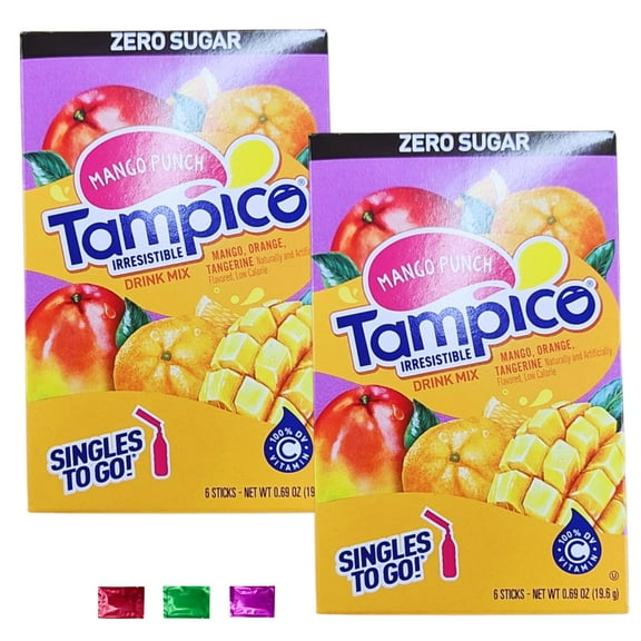 Tampico Mango Punch Drink Mix Singles 12 Total Sticks 2 Boxes, Zero Sugar Powdered Packets for Water Bottle, Low Calorie On-the-Go Refreshment w/ Snoep in Beperkte Oplage
