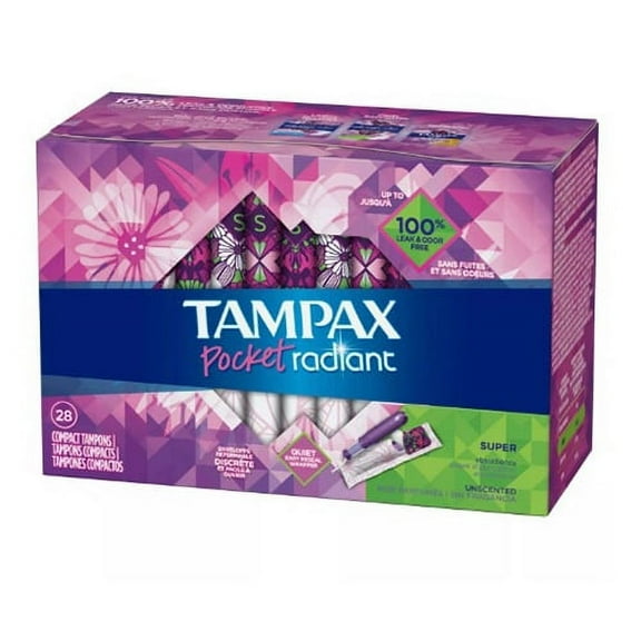 Tampons by Tampax with Pocket Radiant Super Absorbency Compact , 28 Ea, 2 Pack
