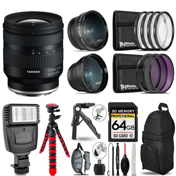 Tamron 11-20mm f/2.8 Di III-A RXD Lens for Sony E +3 Lens Kit + Slave Flash + Tripod - 64GB Accessory Bundle (International Version)
