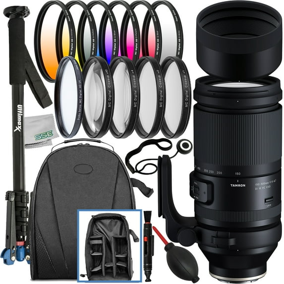 Tamron 150-500mm f/5-6.7 Di III VXD Lens for Sony E with Advanced Accessory Bundle: Lightweight 62” Monopod w/ Base Stand, 6PC Gradual Color Filter Kit & Much More