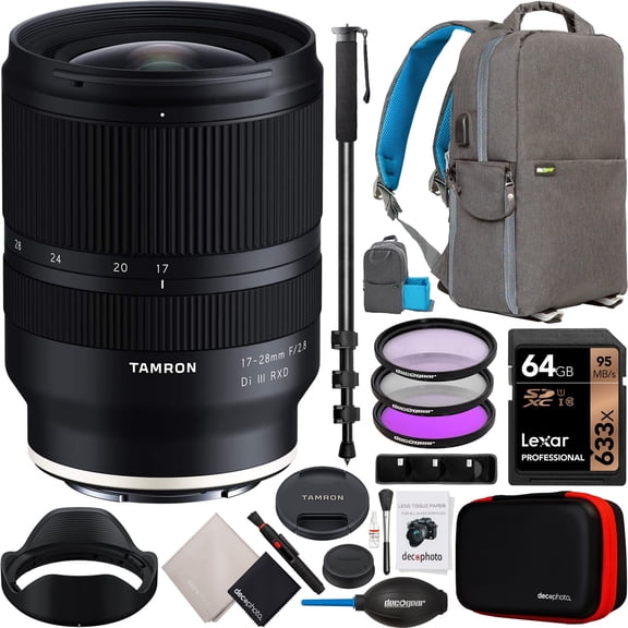 Tamron 17-28mm F/2.8 Di III RXD Full Frame E-mount Lens (A046) for Sony Mirrorless Cameras Bundle with Deco Gear Photography Backpack Case + 67mm Filter Kit + 64GB Card + Monopod + Accessories