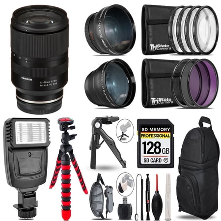 Tamron 17-70mm f/2.8 Di III-A VC RXD Lens for Sony E +3 Lens Kit + Slave Flash + Tripod - 128GB Accessory Bundle
