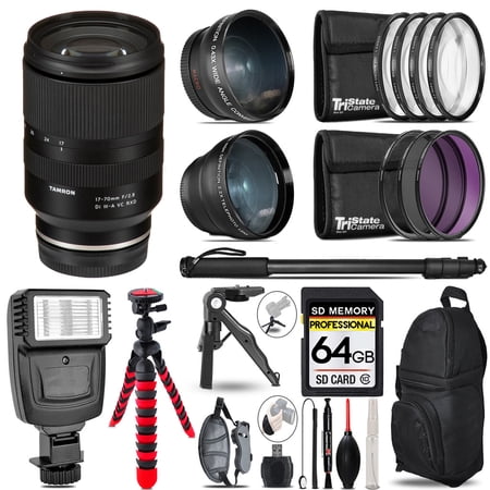 Tamron 17-70mm f/2.8 Di III-A VC RXD Lens for Sony E -3 Lens Kit + Slave Flash + Tripod - 64GB Accessory Bundle