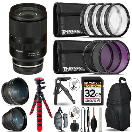 Tamron 17-70mm f/2.8 Di III-A VC RXD Lens for Sony E + 3 Lens Kit + Tripod + Backpack - 32GB Accessory Bundle