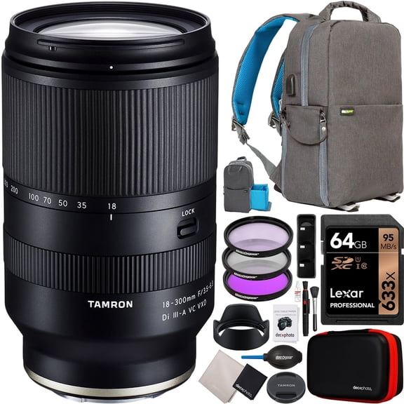 Tamron 18-300mm F/3.5-6.3 Di III-A VC VXD Zoom Lens for Sony E-Mount APS-C Mirrorless Cameras (Model B061) Bundle with Deco Gear Photography Backpack + UV Polarizer FLD Filter Kit and Accessories