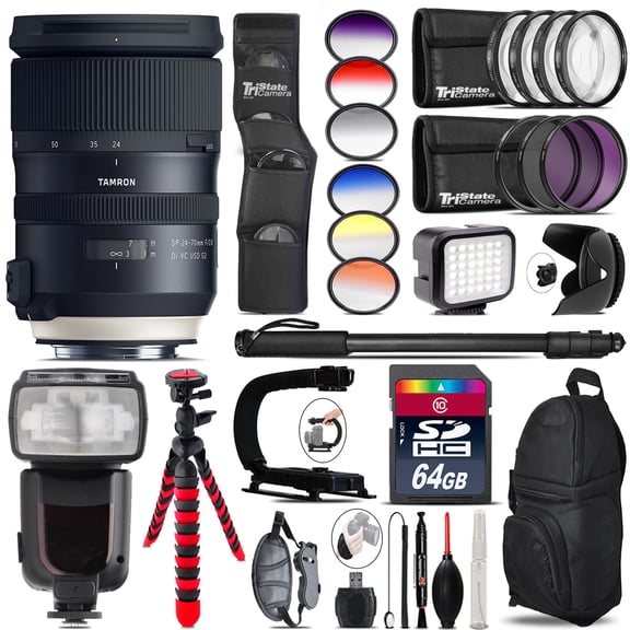 Tamron 24-70mm VC G2 for Nikon + Pro Flash + LED Light - 64GB Accessory Bundle