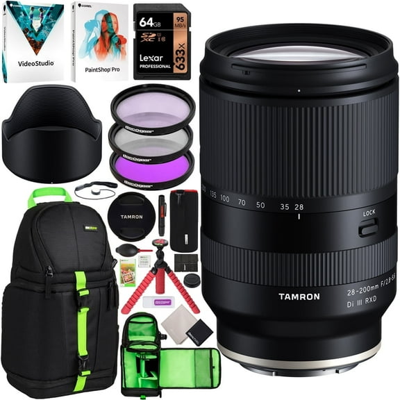 Tamron 28-200mm F2.8-5.6 Di III RXD A071 Lens for Sony E-Mount Full Frame Mirrorless Bundle with Deco Gear Backpack + Filter Kit + 64GB Card + Software + 2 in 1 Tripod Grip & Accessories