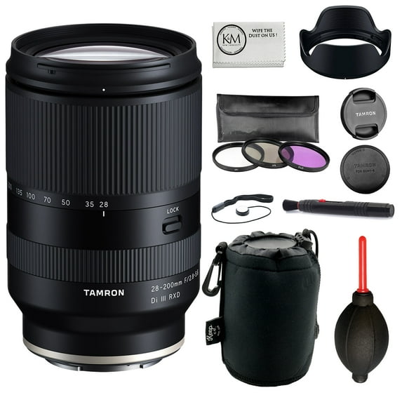 Tamron 28-200mm f/2.8-5.6 Di III RXD for Sony E Bundle with 3-Piece Filter Set + Lens Pouch + Lens Pen + Blower + Lens Cap Keeper + Microfiber Cleaning Cloth (5 Items)
