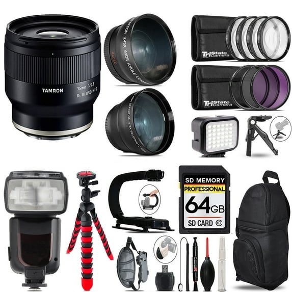 Tamron 35mm f/2.8 Di III OSD M 1:2 Lens for Sony E + LED Light + Tripod - 64GB Accessory Bundle (International Version)
