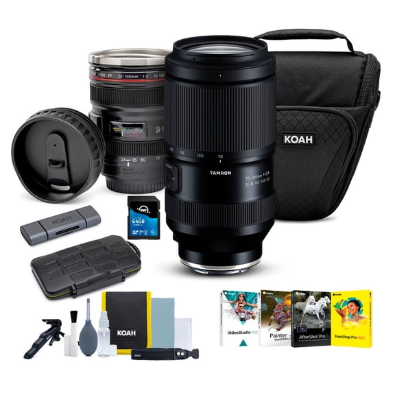 Tamron 70-180mm F/2.8 Di III VC VXD G2 for Sony E-Mount Bundle with Camera Lens Mug, Holster Camera Case and Accessory, Card Reader and Case, Software Suite, and 64GB Memory Card (6 Items)