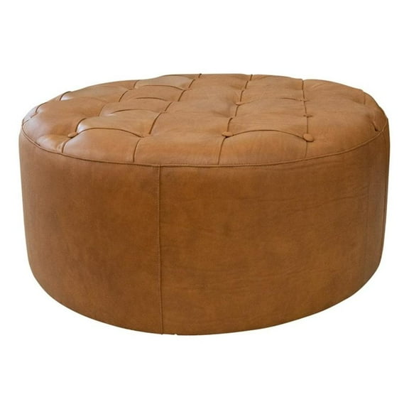 Tamsin Living Room Tan Genuine Leather Round Ottoman