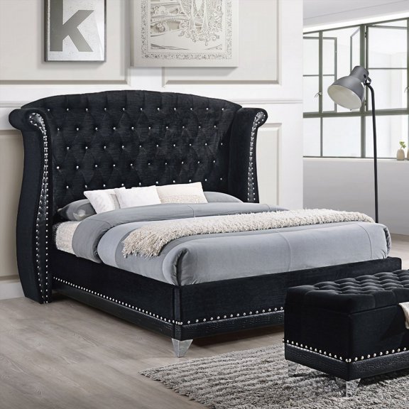 Tamsin's Black Upholstered Eastern King Wingback Bed - Glamorous Rhinestone Tufting & Hardwood Support