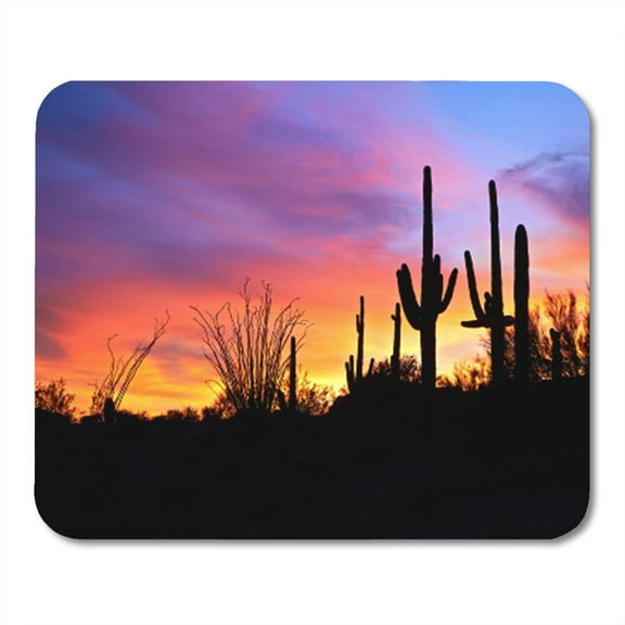 Tan Arizona Saguaro Silhouetten in Fiery Sonoran Desert Sunset Lit Sky Cactus Mousepad Mouse Pad Mouse Mat 9x10 inch