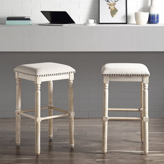 Tan Bar Stools with Bronze Trim, Set of 2 / Polyester Filled for Dining Seating
