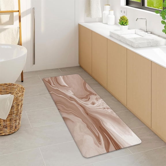 Tan Bathroom Rug Mat, Abstract Marble Bath Mats for Bathroom Non Slip, Modern Bath Rug Soft Luxury Microfiber Floor Rug for Tub Shower 17" x 48"