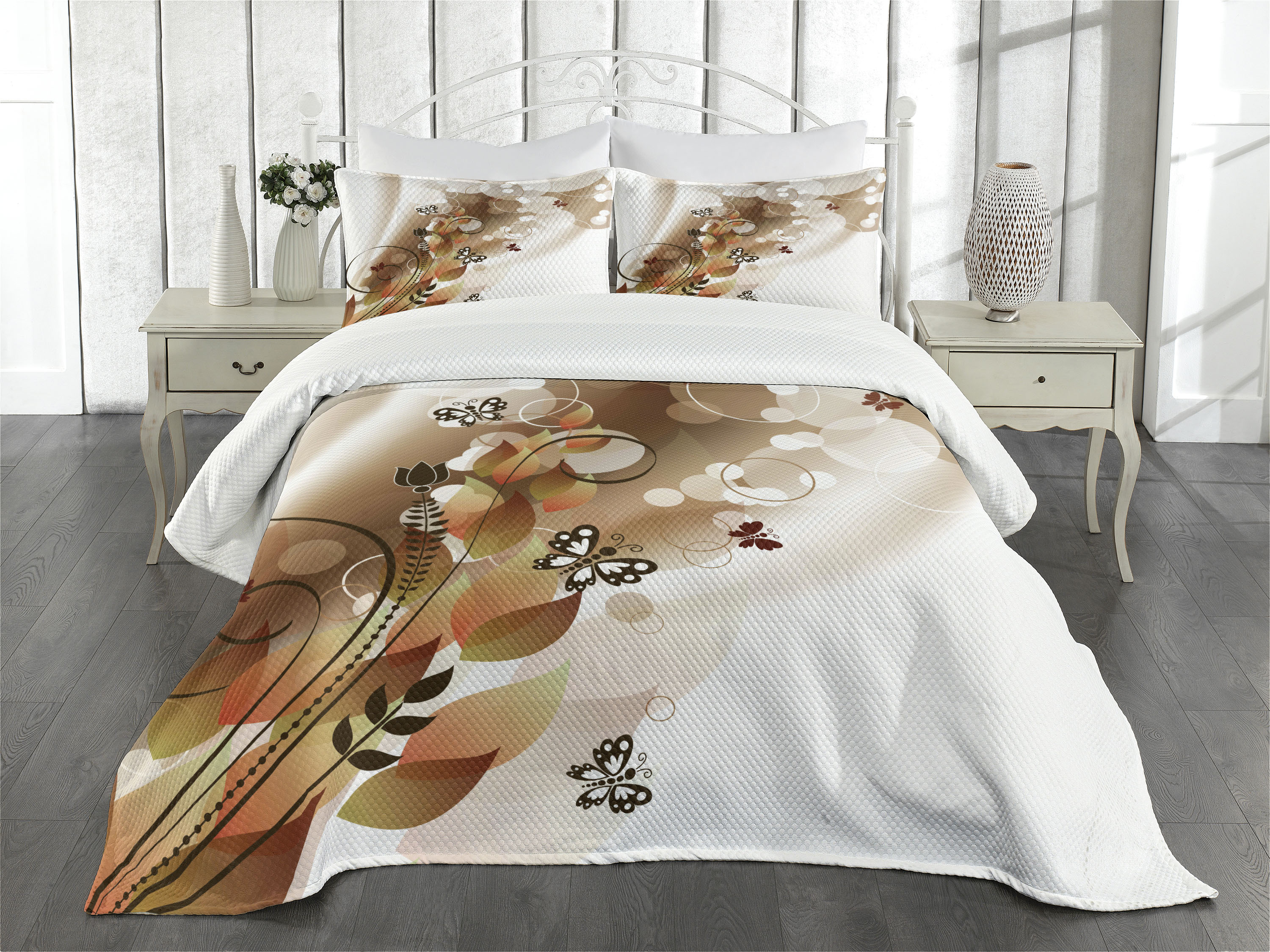 Tan Bedspread Set King Size, Spring Themed Abstraction Cute Butterflies