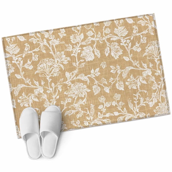 Tan Beige Flower Washable Small Entryway Area Rugs 2'x3', Pastoral White Plant Petal Leaf Linen Rustic Low Pile Throw Rug Non-Slip Sturdy Edge Binding Carpet for Front Door Floor Room Entry
