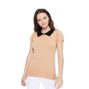 Tan & Black Short Sleeve Knit Top - Peter Pan Collar Retro - S to L