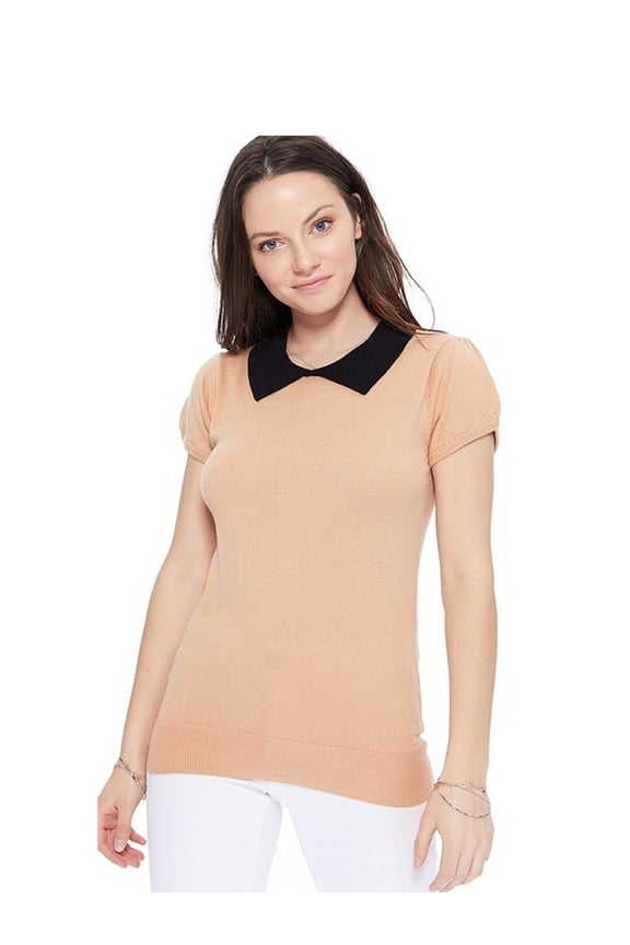 Tan & Black Short Sleeve Knit Top - Peter Pan Collar Retro - S to L