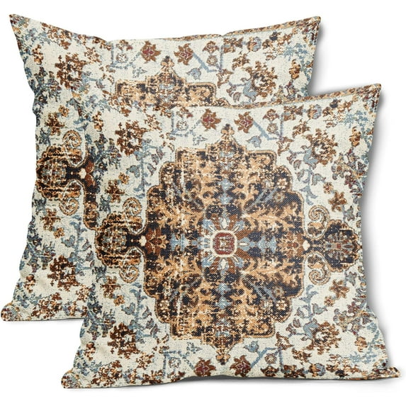 Tan Blue Brown Ethnic Boho Pillow Covers 16X16 Inch Bohemian Carpet Vintage Pillow Cases Black Grey Terracotta Throw Pillows Set of 2 Home Decor for Room Bedroom Outdoor Porch Patio Cushion
